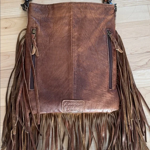Brown and White Fringe Leather Bag - Picture 4 of 5